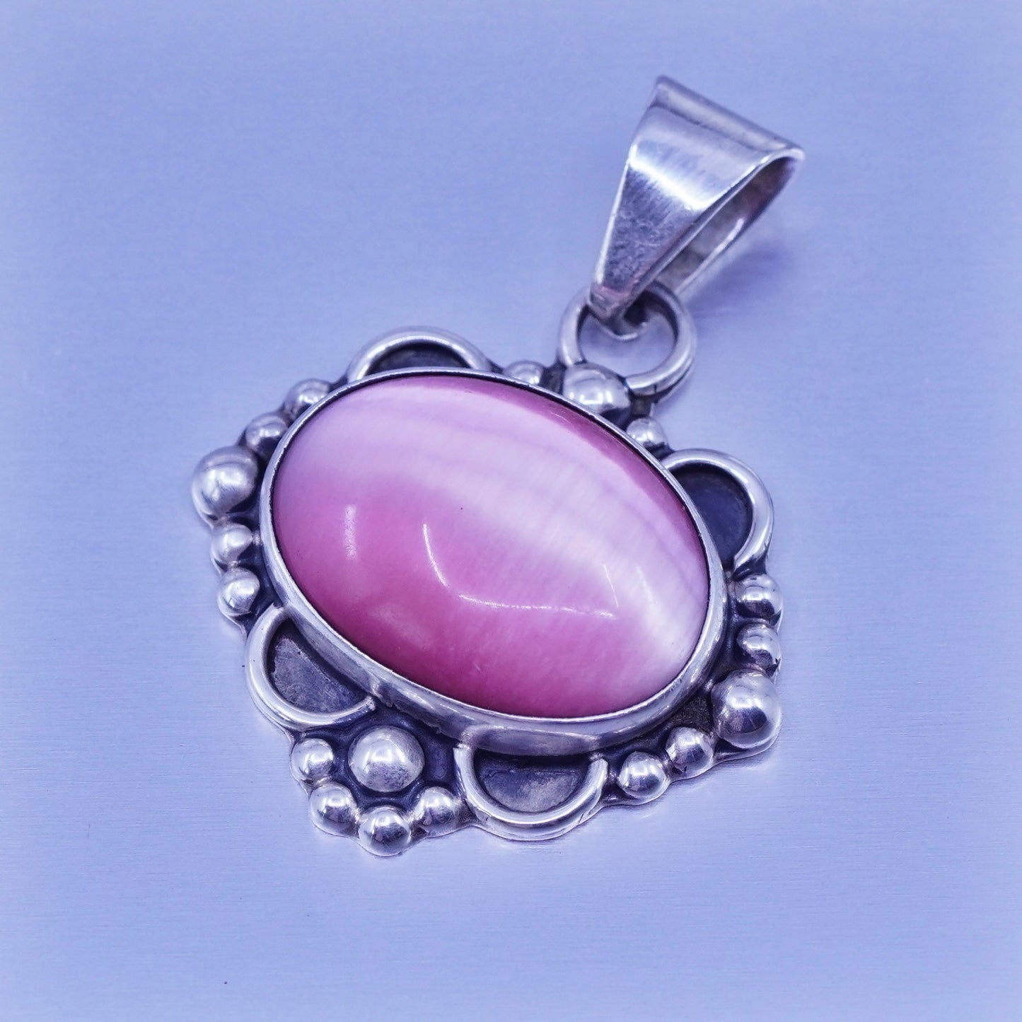 antique sterling 925 silver beads pendant with oval pink cat’s eye