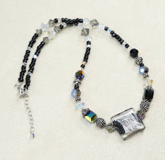 17"+2”, handmade obsidian beads necklace foiled glass N Sterling silver clasp