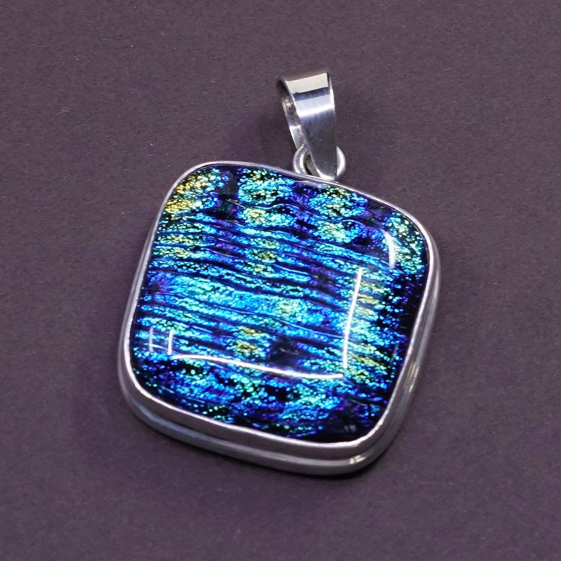 vtg Sterling silver handmade pendant, 925 with blue foil glass, unique