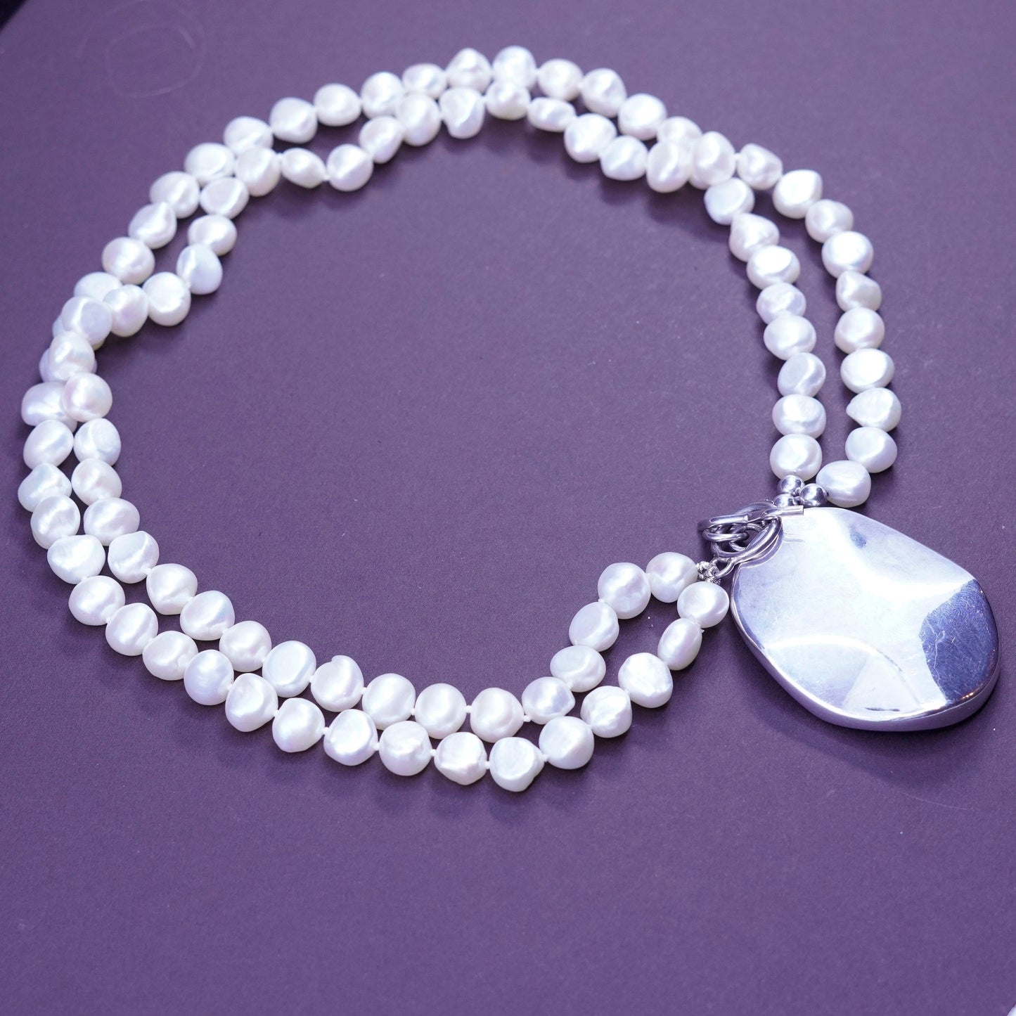 18”, vintage double strand glass pearl beads necklace, 925 silver oval pendant