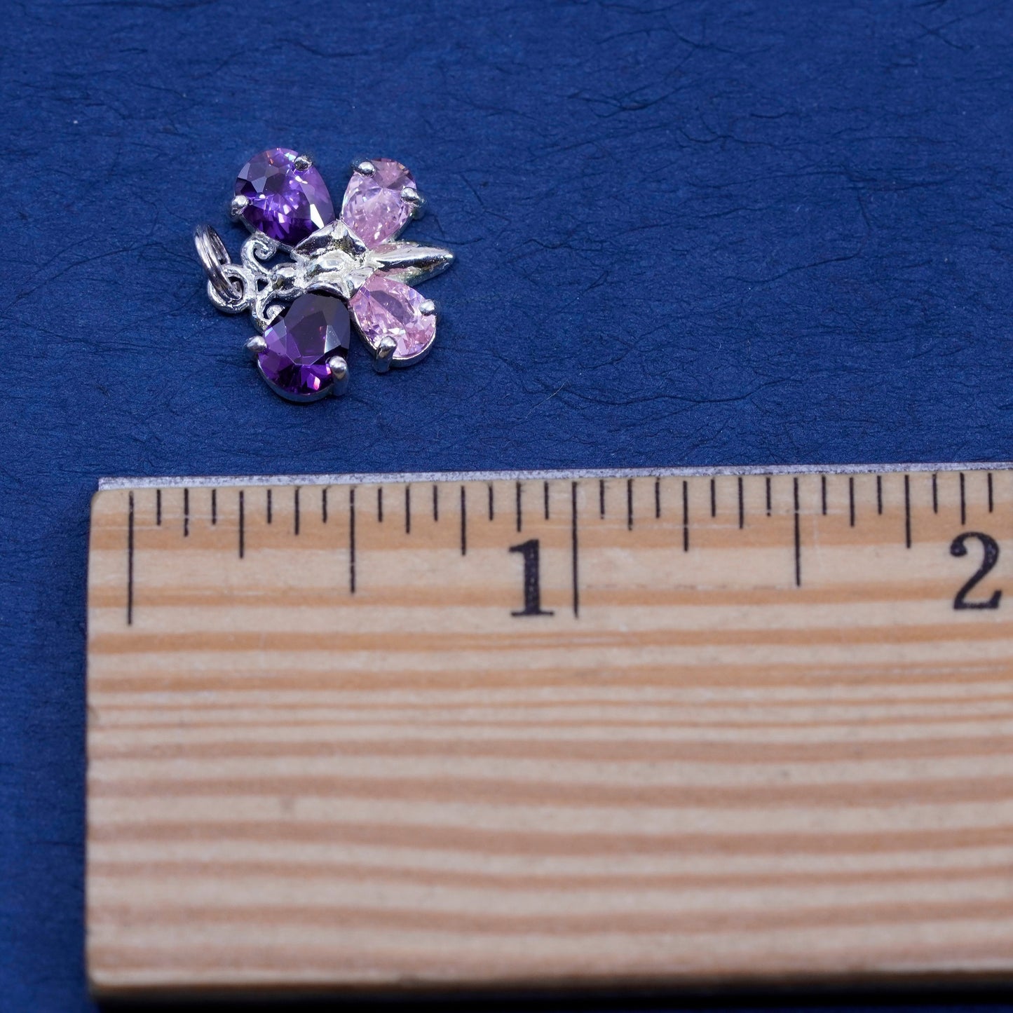 Vintage Sterling 925 silver handmade butterfly pendant, with pink purple cz