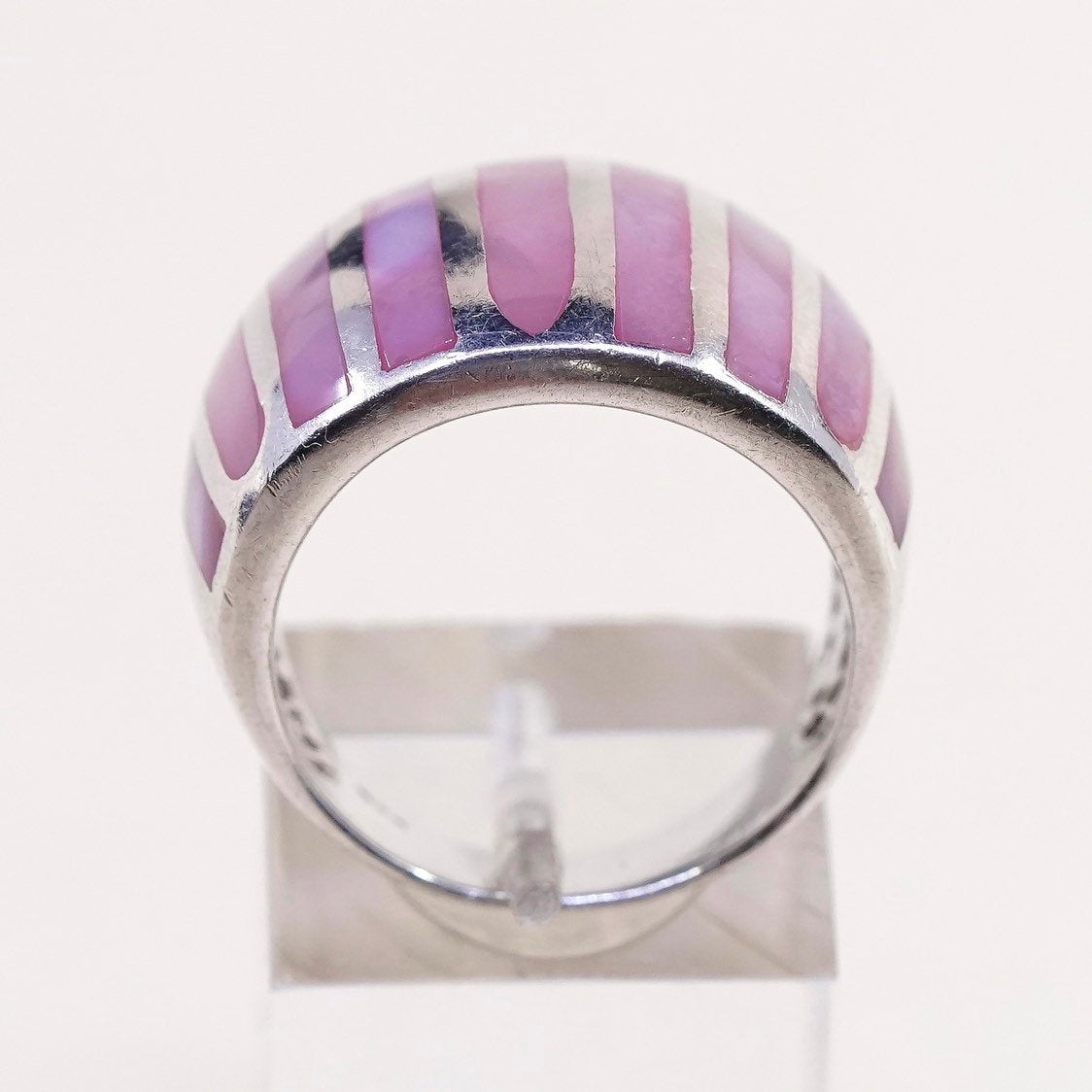 sz 7.5, sterling 925 silver handmade ring band w/ pink mother of pearl stripes