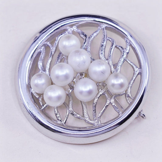 Vintage Sterling 925 silver handmade circle brooch pendant with cluster pearl