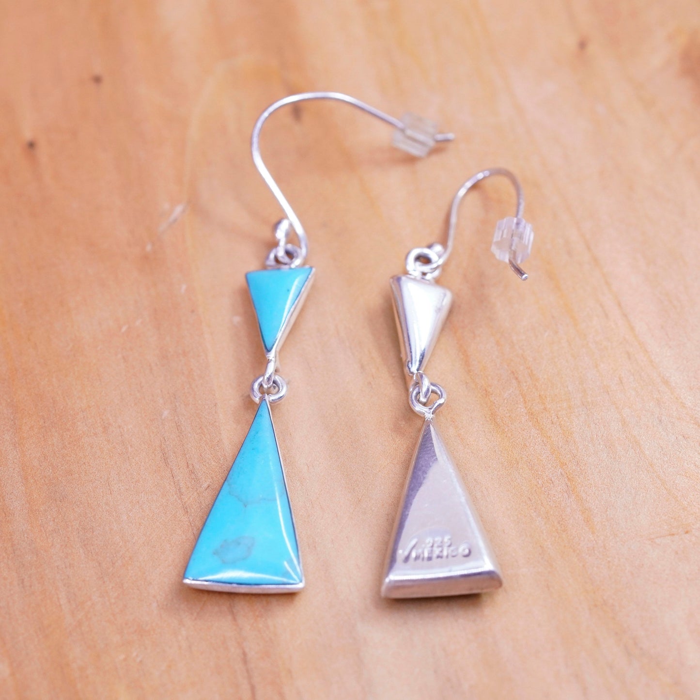 Vintage Sterling 925 silver handmade triangular earrings with turquoise