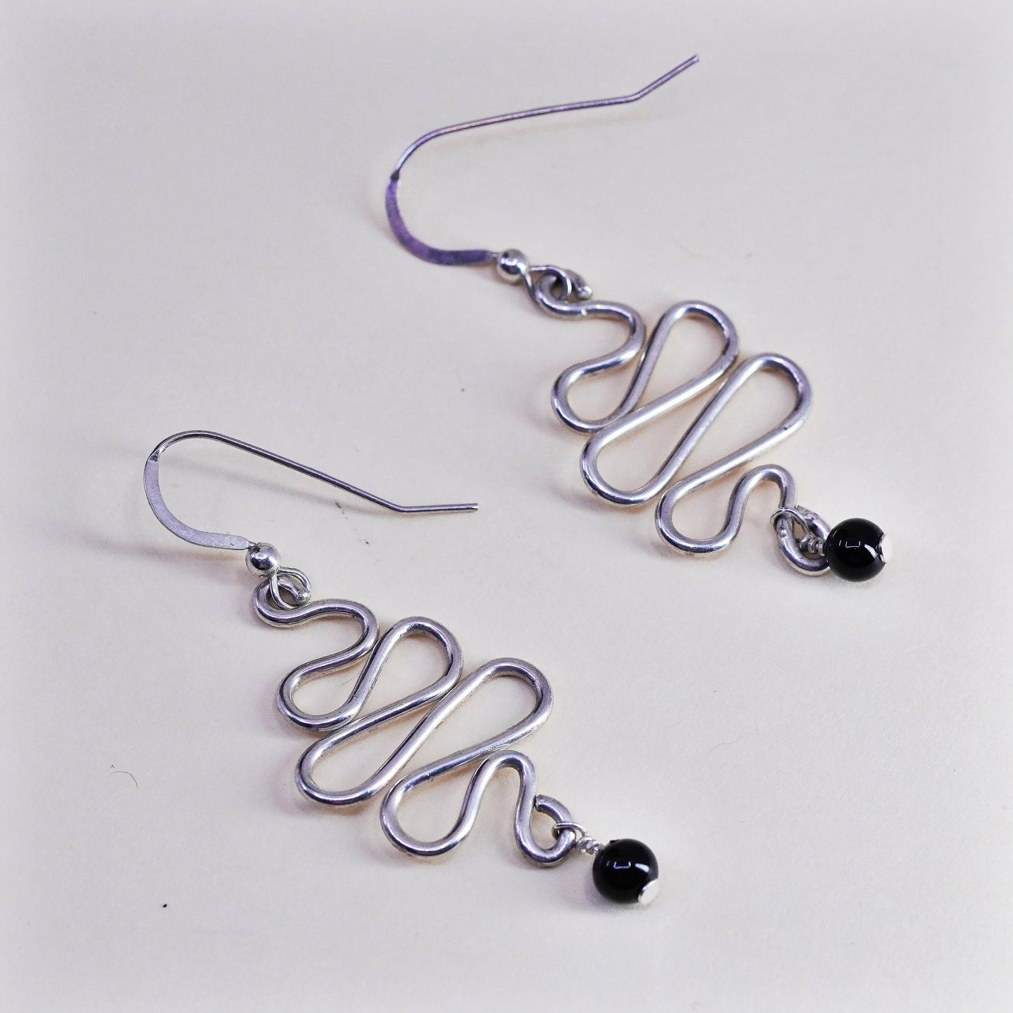 Vintage Sterling silver handmade earrings, 925 wavy drop with onyx bead