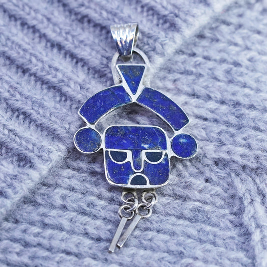 vtg Sterling 980 silver handmade pendant, Peruvian Inca face god lapis lazuli