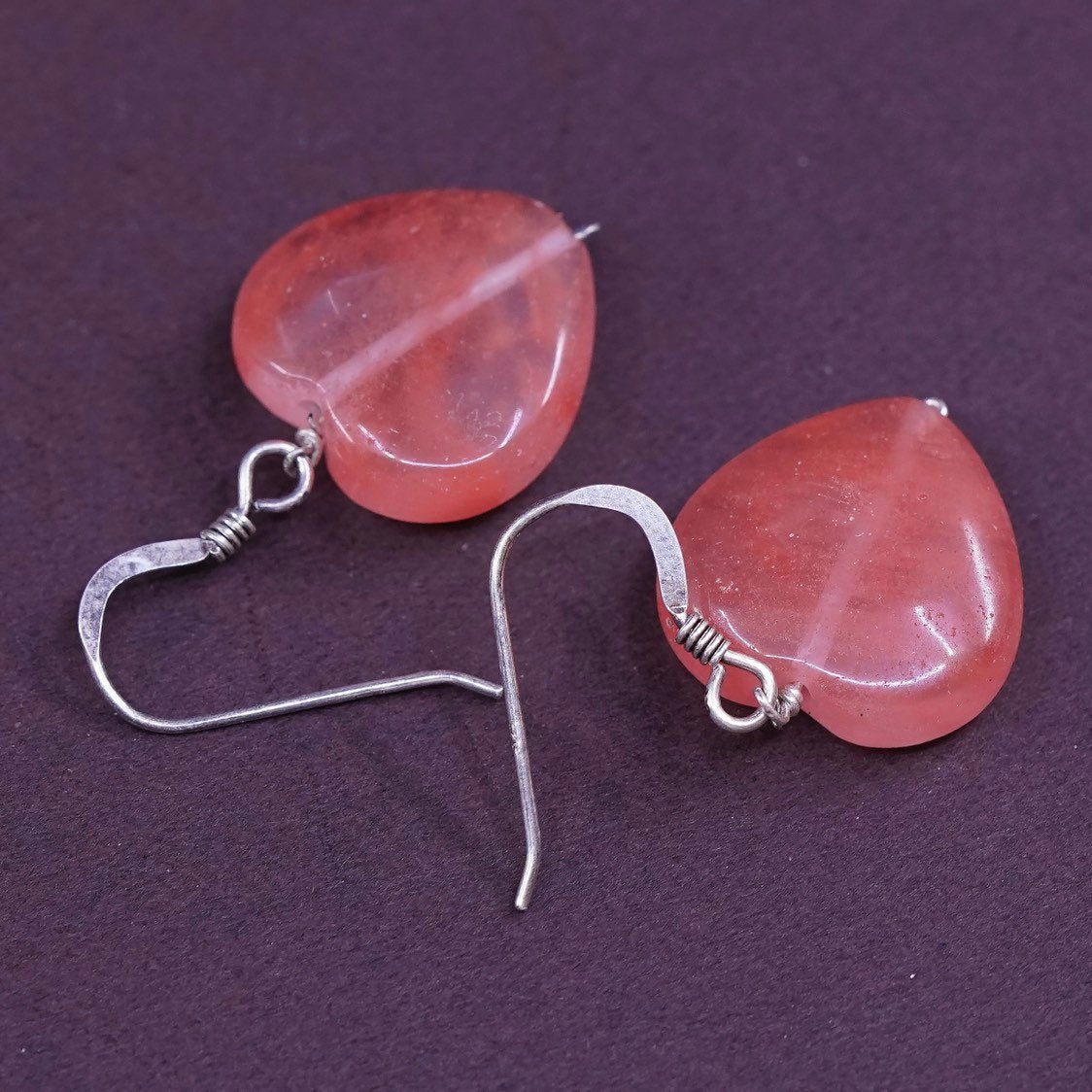 vtg Sterling silver handmade earrings, 925 w/ heart pink quartz drops