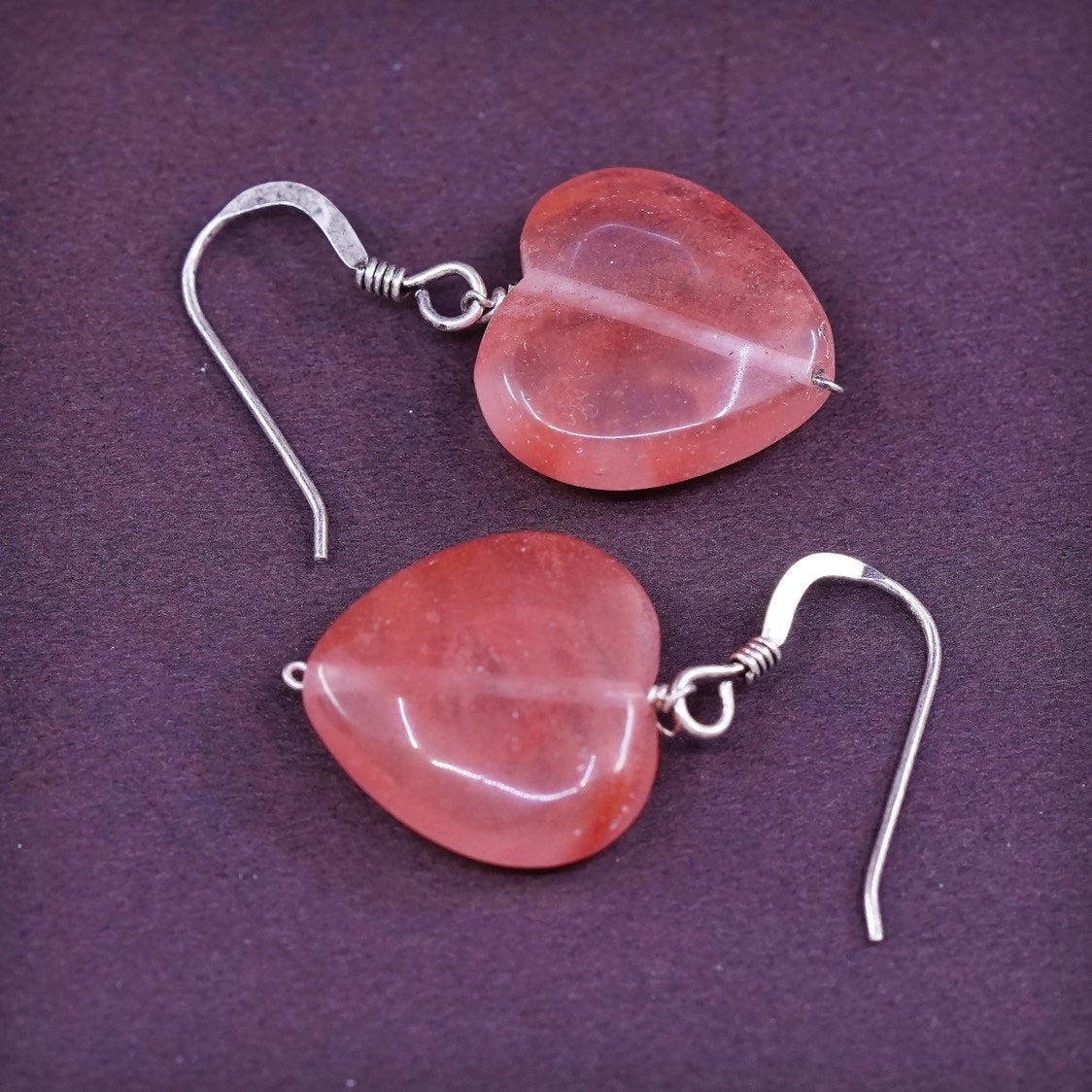 vtg Sterling silver handmade earrings, 925 w/ heart pink quartz drops