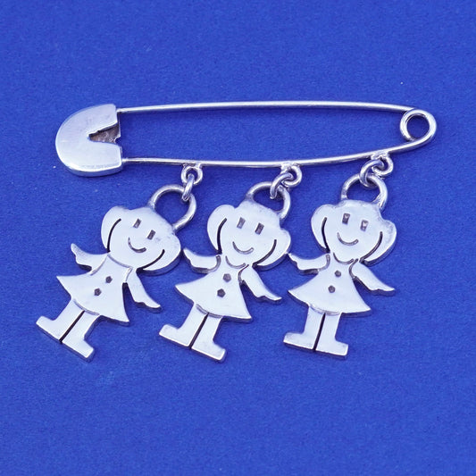 Vintages sterling silver handmade brooch, 925 three girls pin