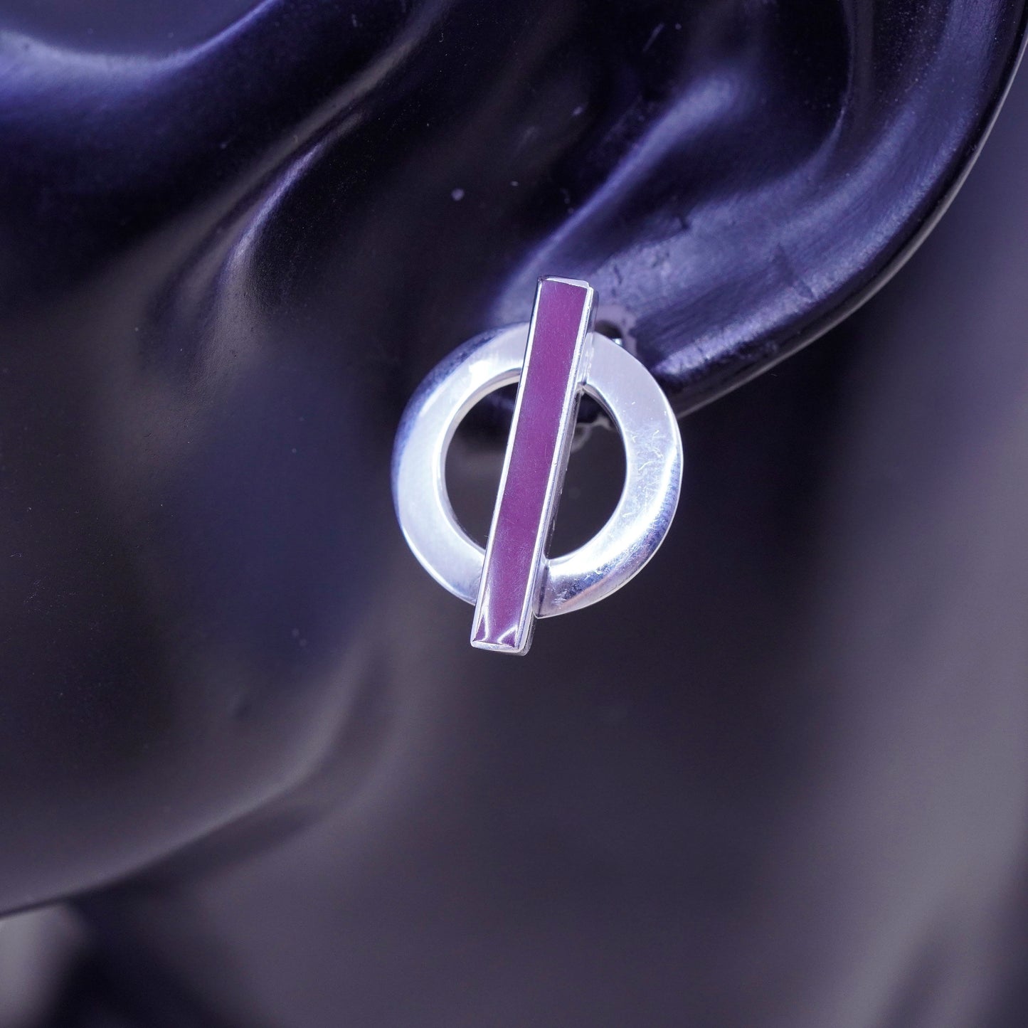 Vintage Sterling 925 silver handmade earrings circle studs with purple agate