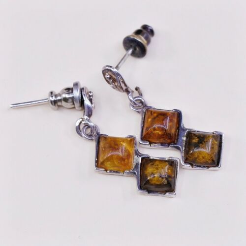 Vtg Sterling Silver Handmade Amber earrings, 925 silver dangles, Stamped 925