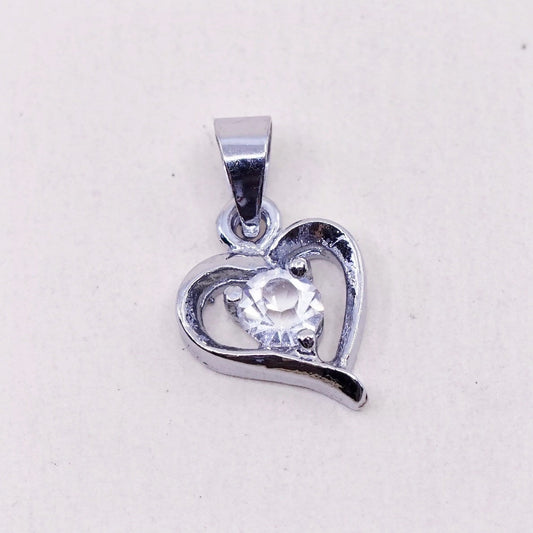 Vintage sterling silver pendant, heart round cut clear Cz, 925 heart pendant