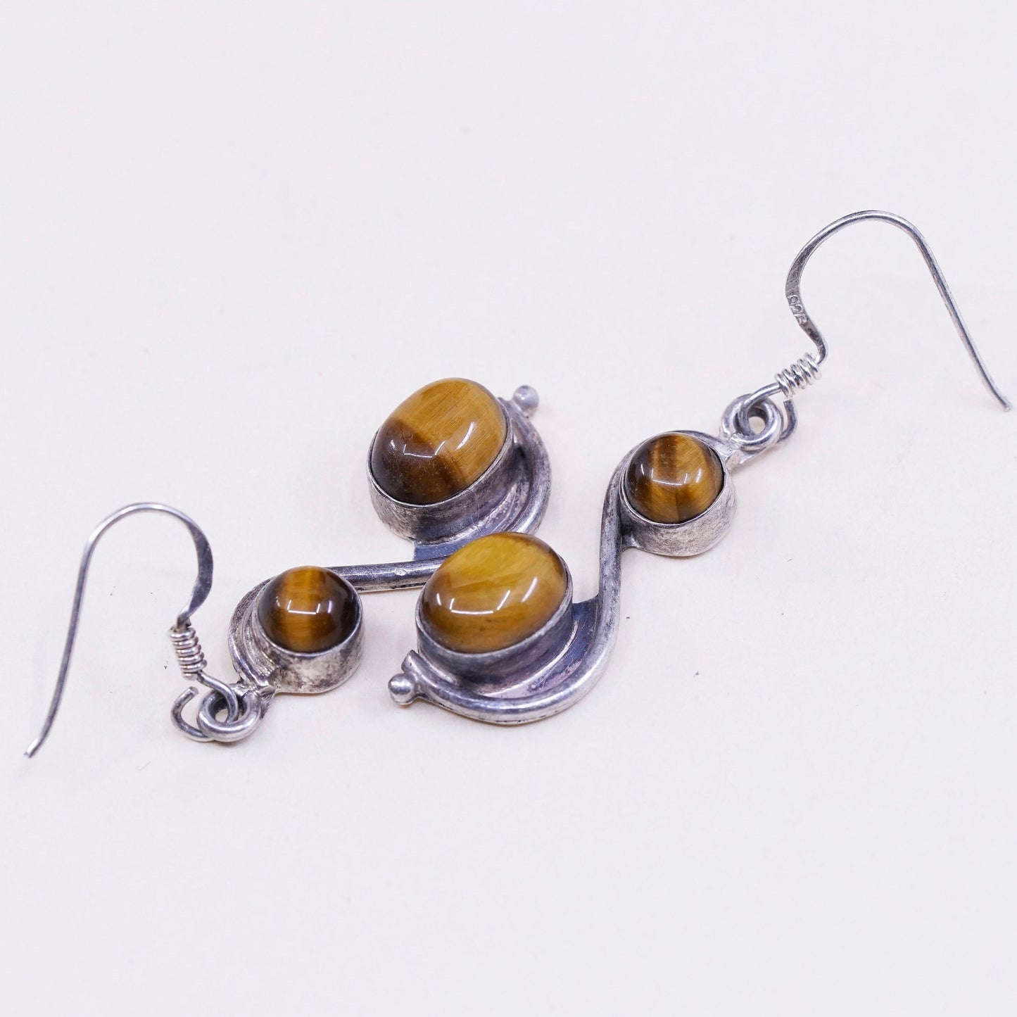 Vintage Sterling silver handmade earrings, 925 with tiger eye dangles