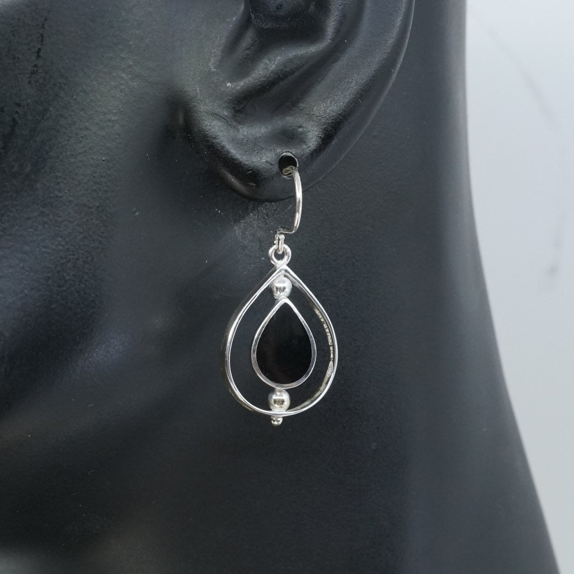 vtg Sterling silver handmade earrings, 925 w/ teardrop obsidian