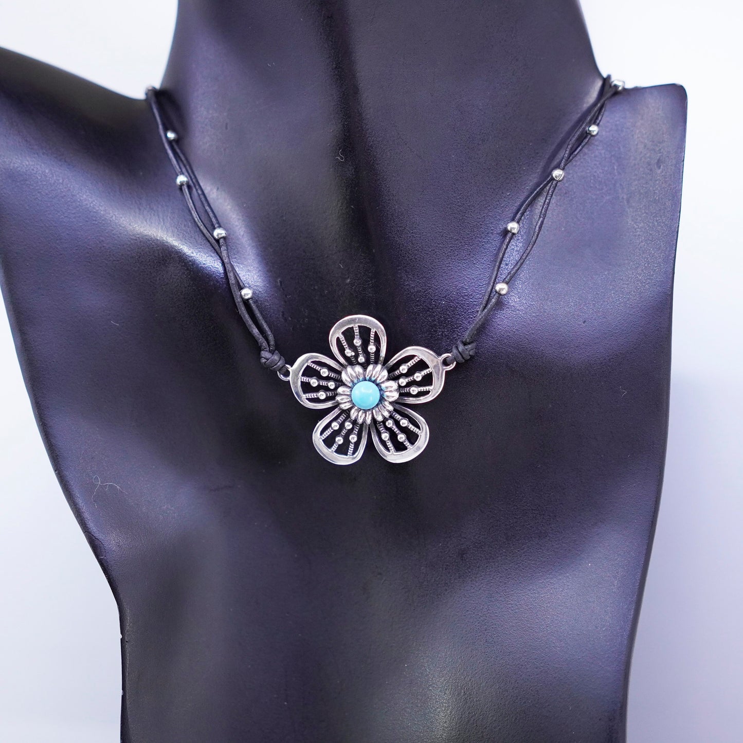 16+2”, 925 Sterling Silver Handmade black Leather Necklace flower pendant