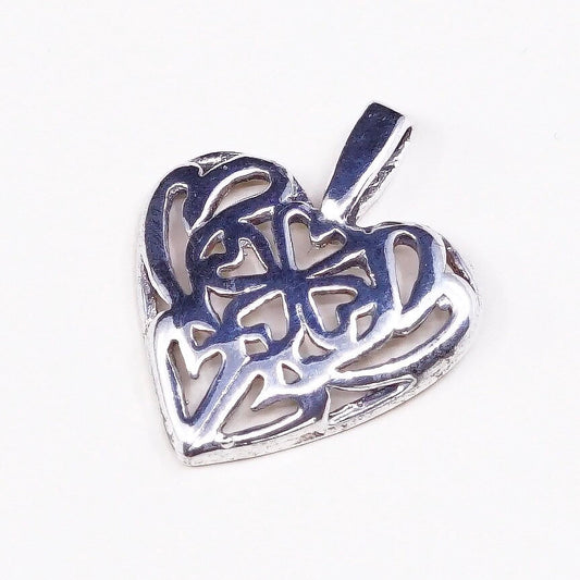 vtg Bali sterling silver handmade pendant, 925 silver filigree heart charm