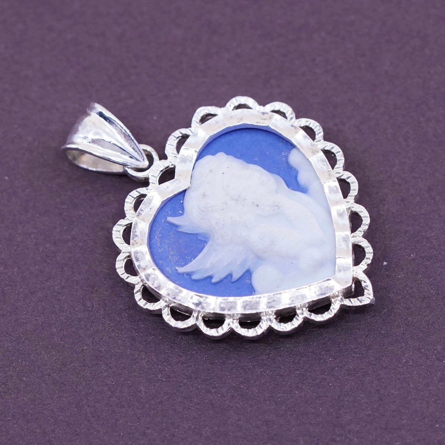 Vintage Peru Sterling 925 silver handmade pendant with blue agate cameo angel