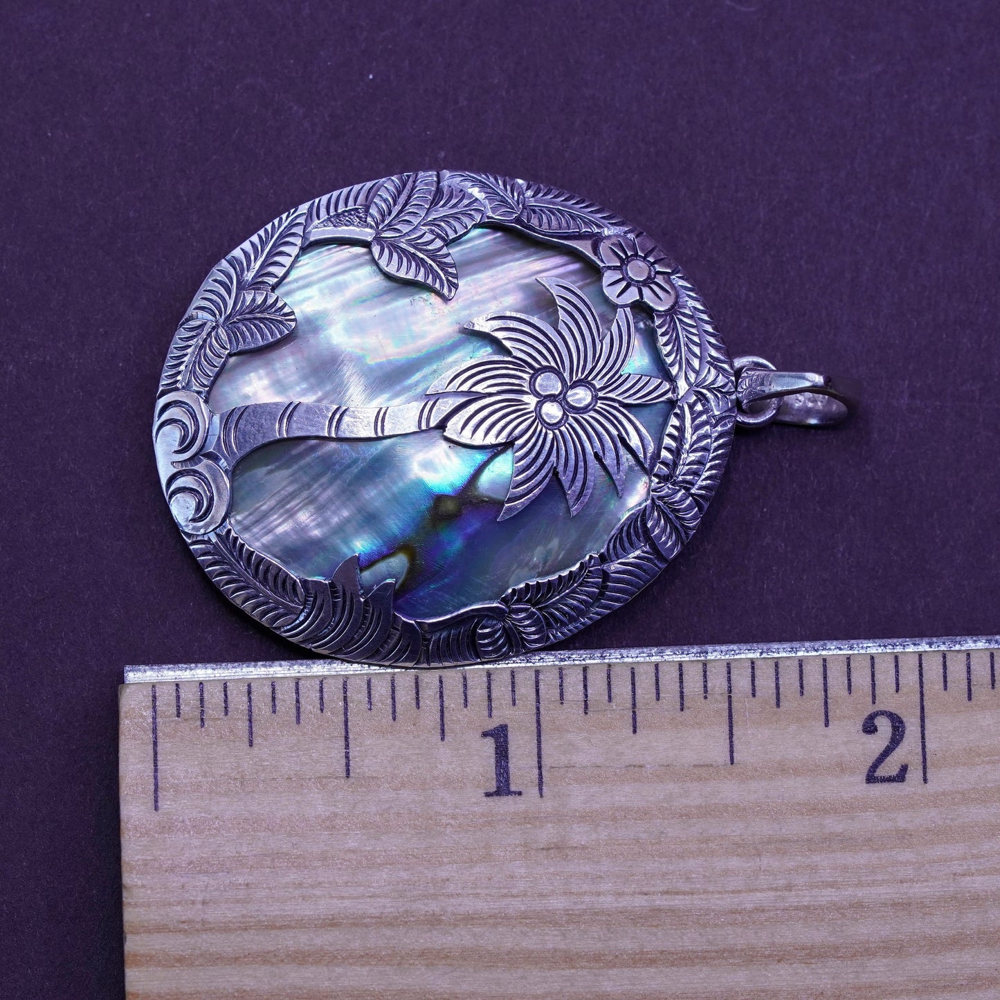 Vintage Sterling 925 silver handmade pendant with oval abalone and Palm tree