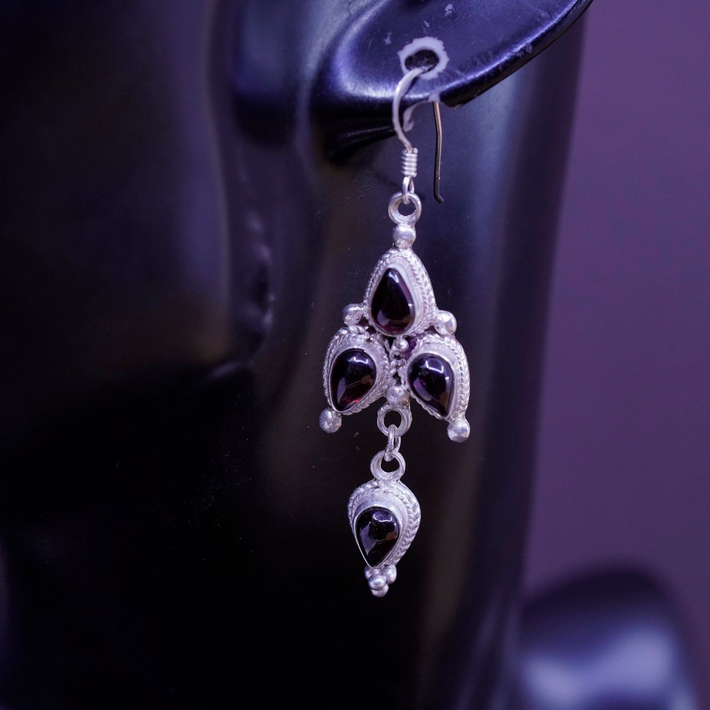Vintage Nepal Sterling silver handmade earrings with teardrop garnet and cable