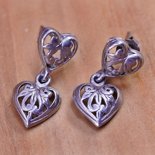 Vintage Sterling silver handmade earrings, 925 filigree heart drops