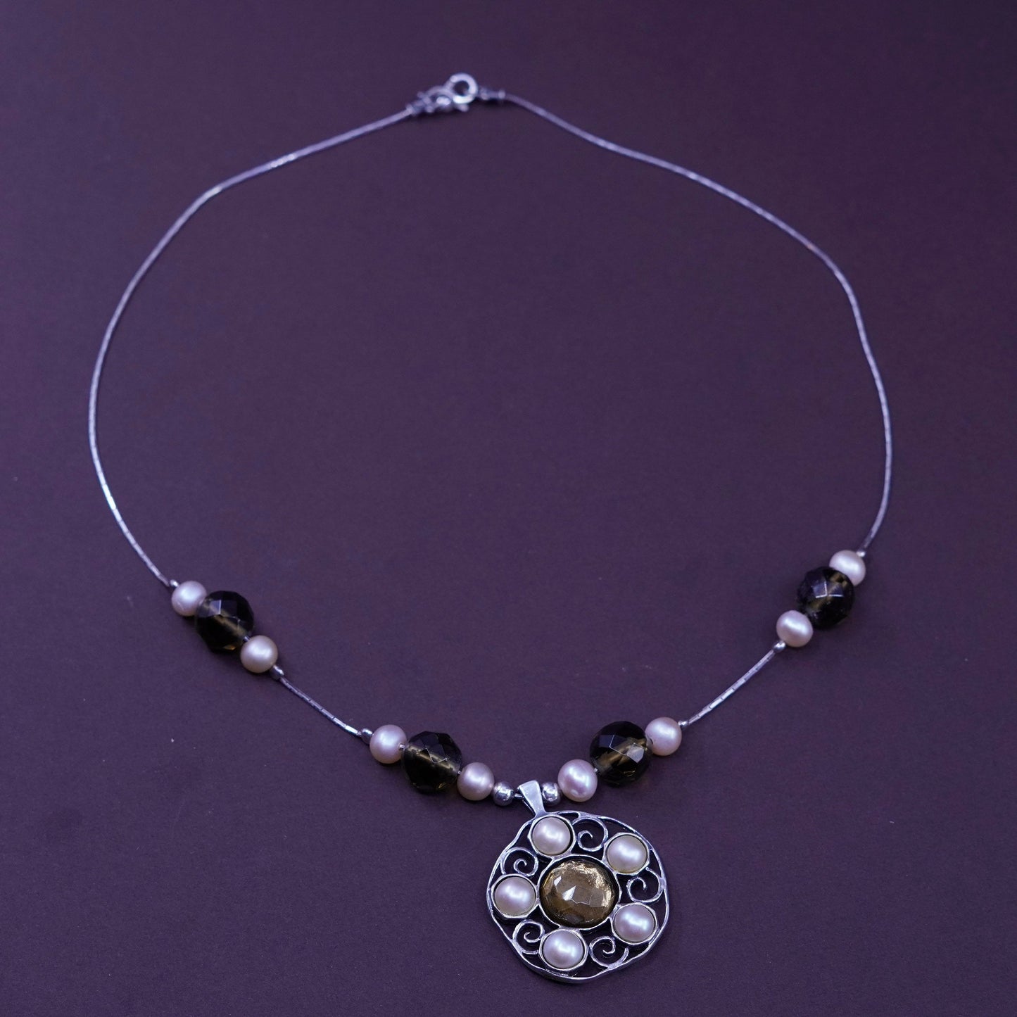 16”, JL Sterling 925 silver necklace, snake chain golden quartz pendant pearl