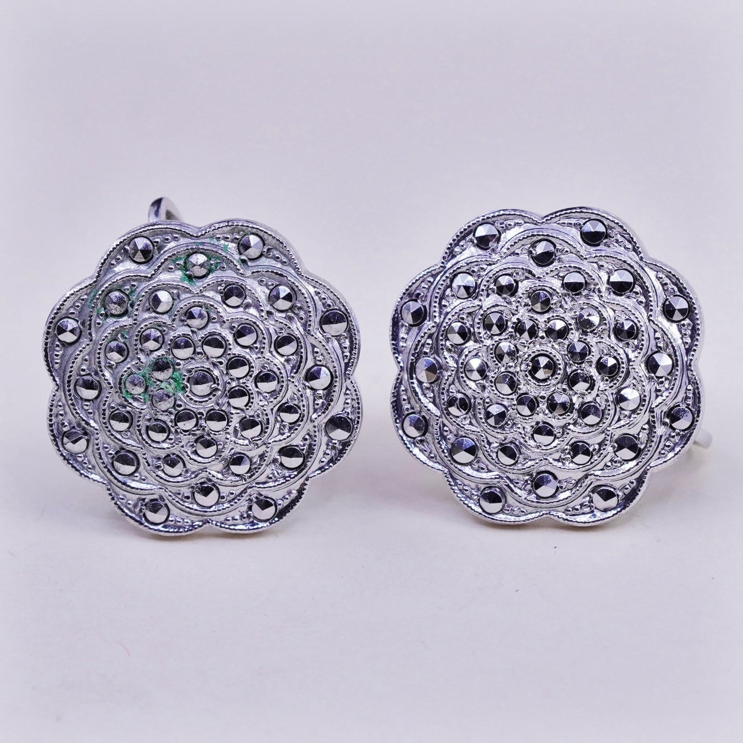 1950s sterling 925 silver earrings swirly screw back flower earrings marcasite