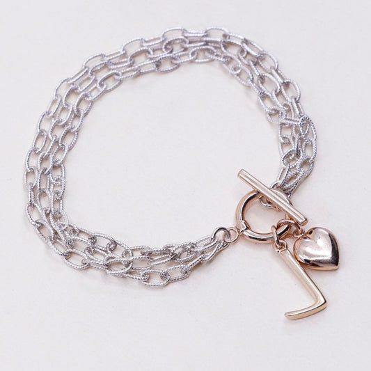 7”, sterling silver circle bracelet, 925 oval chain w/ rose gold heart J charm
