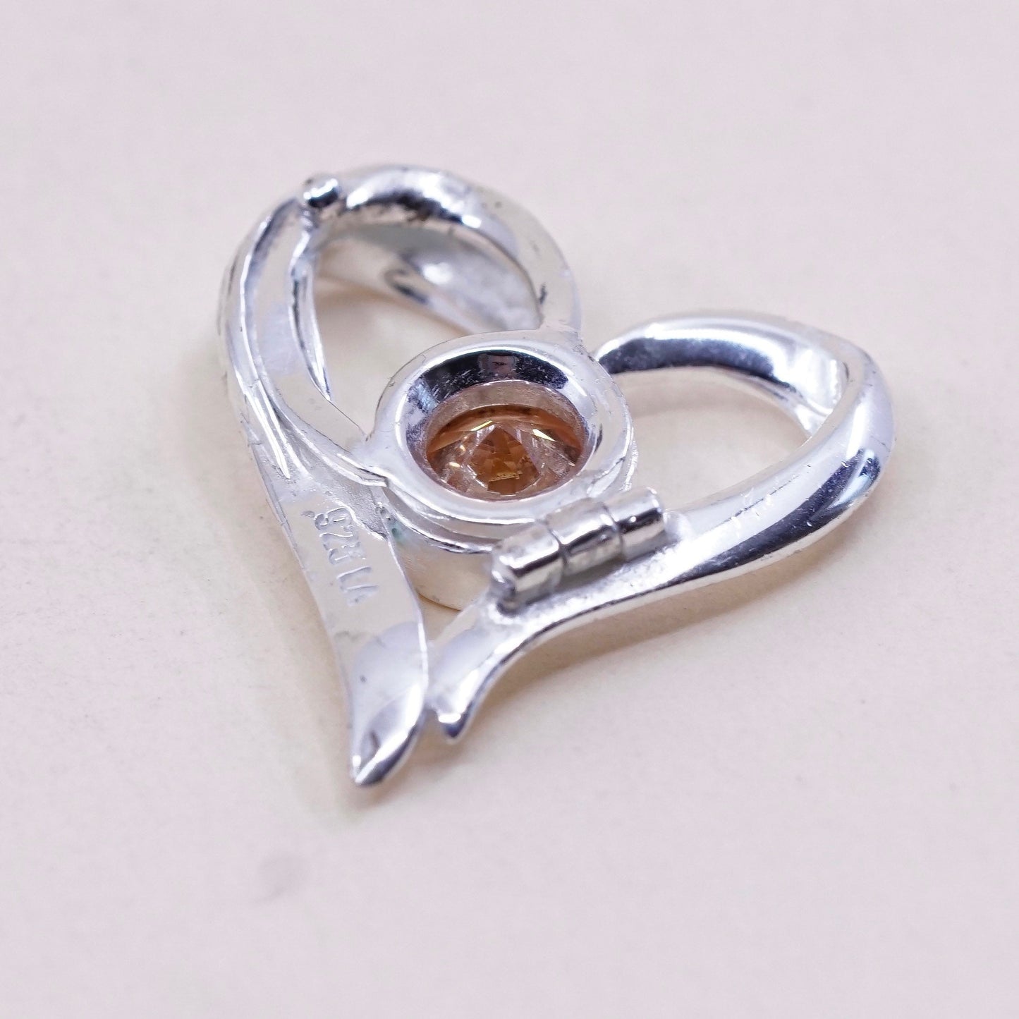 Vintage sterling silver pendant, 925 silver heart pendant with citrine