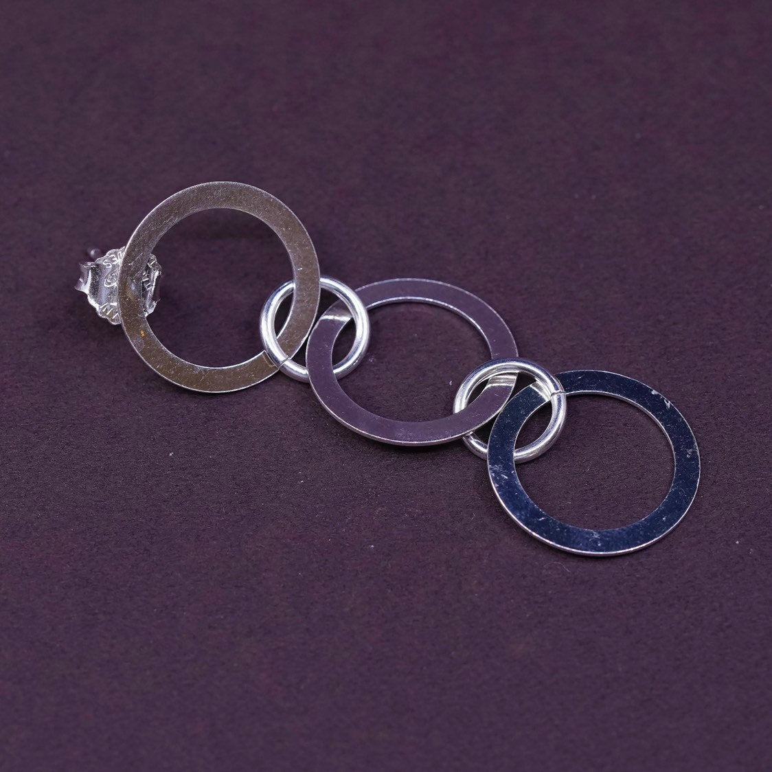2” long, VTG Sterling silver handmade earrings, 925 entwined circles dangle