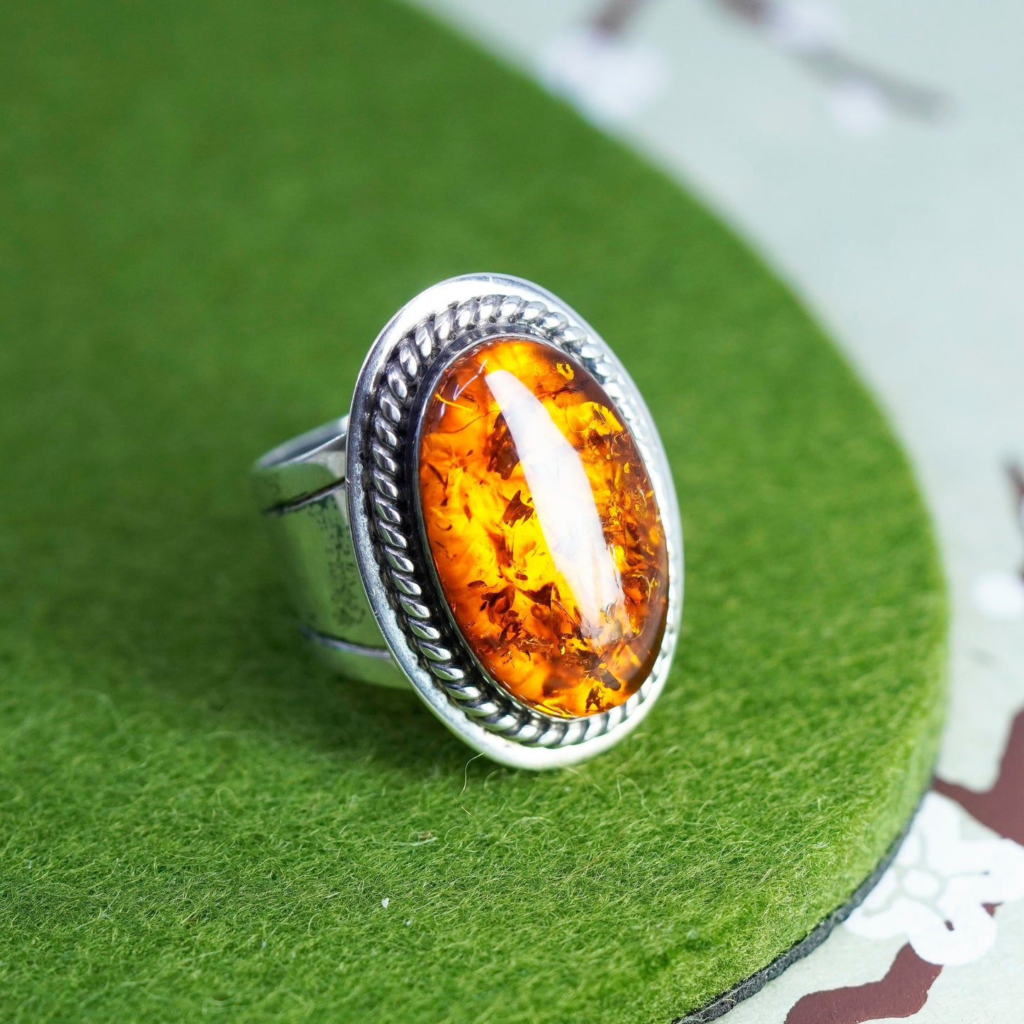 Size 8.75, Vintage Jay King DTR sterling 925 silver handmade ring w/ oval Amber