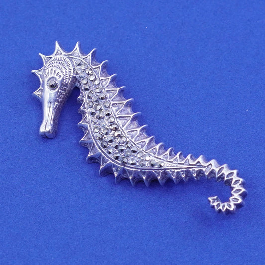 Vintage Sterling silver handmade brooch, 925 seahorse with Marcasite