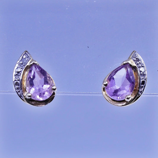 vtg vermeil gold filled Sterling 925 silver earrings, studs amethyst diamond