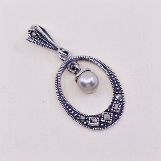 Vintage sterling 925 silver handmade pendant with pearl and marcasite