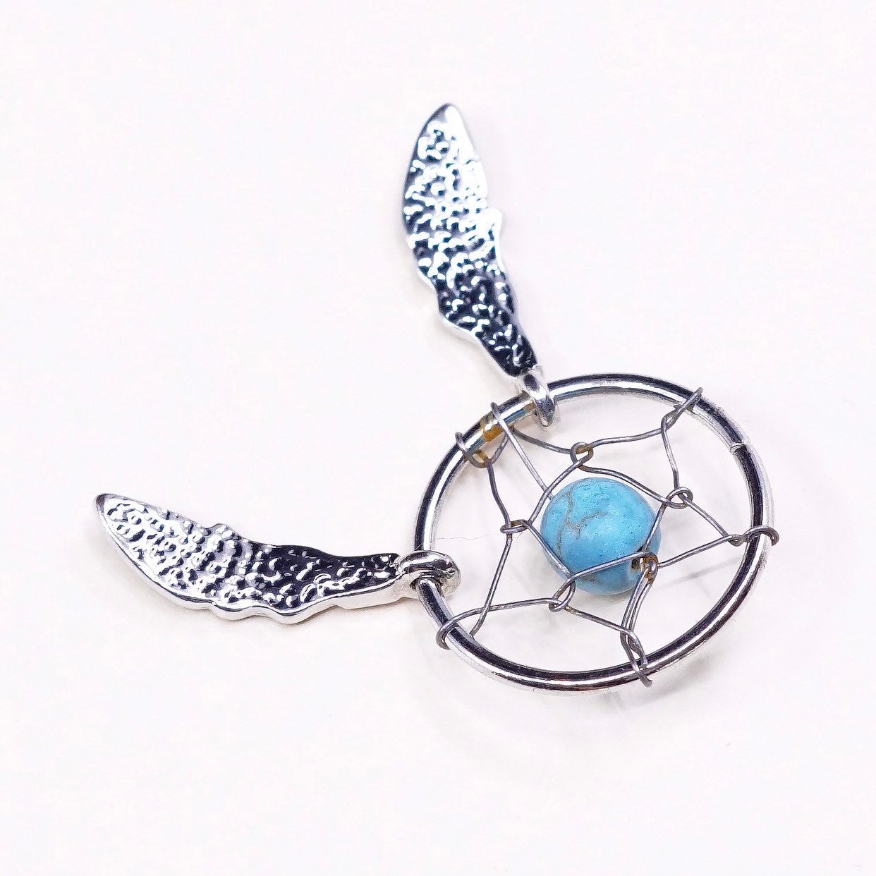 Sterling silver handmade pendant, 925 circle net charm w/ turquoise n feather