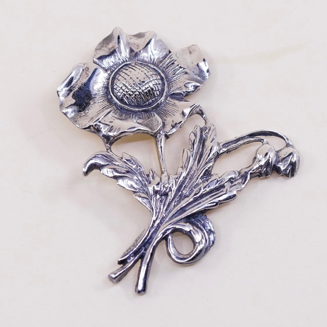 Vintage sterling silver handmade brooch, solid 925 silver flower pin