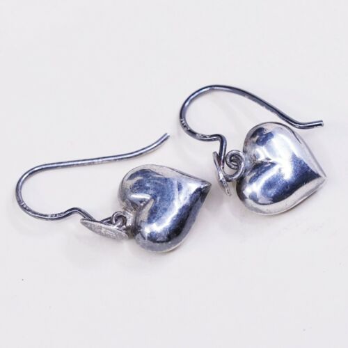 vtg sterling silver heart shaped drop earrings, puffy lightweight heart