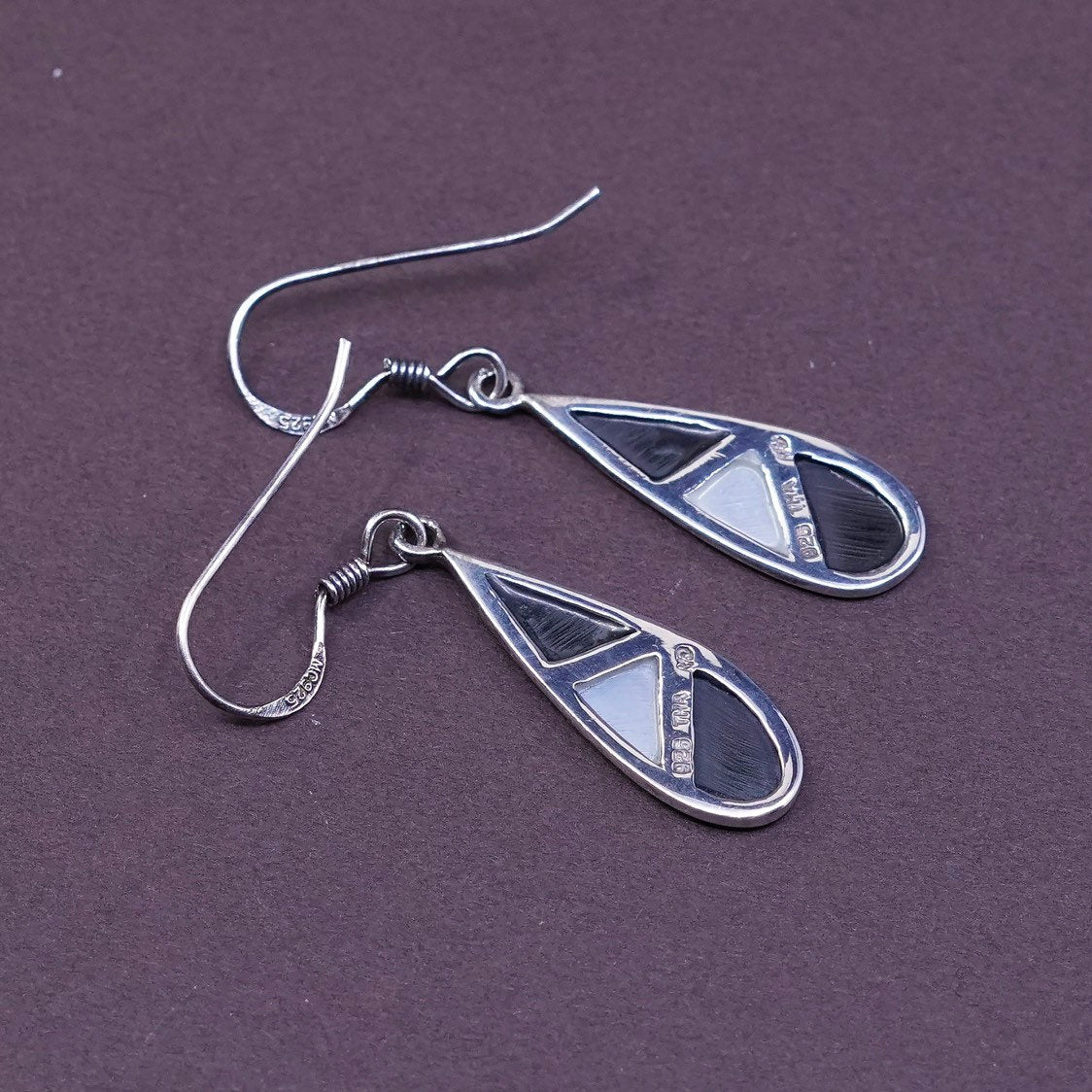 VTG Sterling silver handmade earrings, 925 w/ teardrop obsidian N MOP