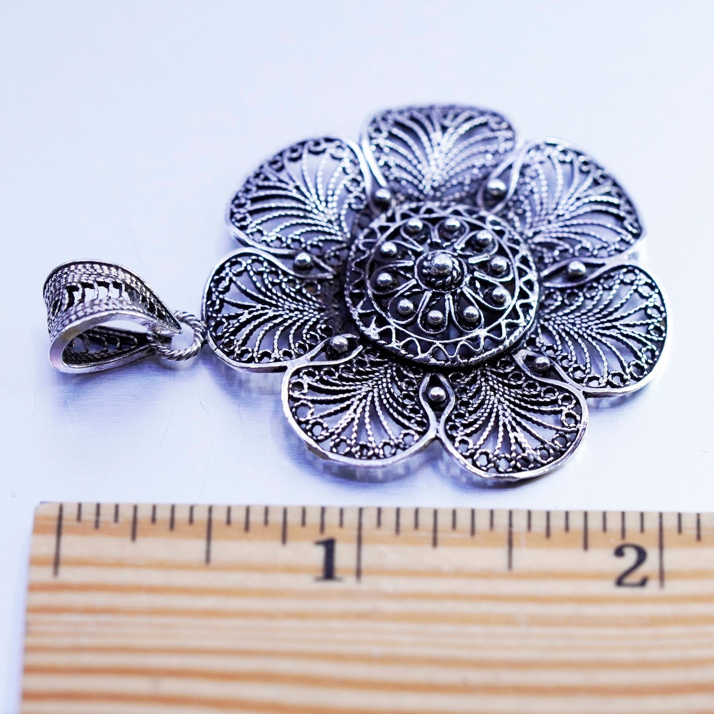 antique sterling 925 silver filigree flower pendant charm