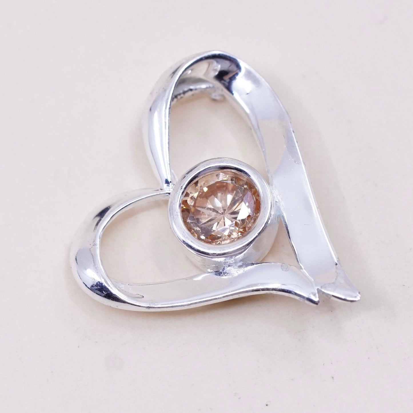 Vintage sterling silver pendant, 925 silver heart pendant with citrine