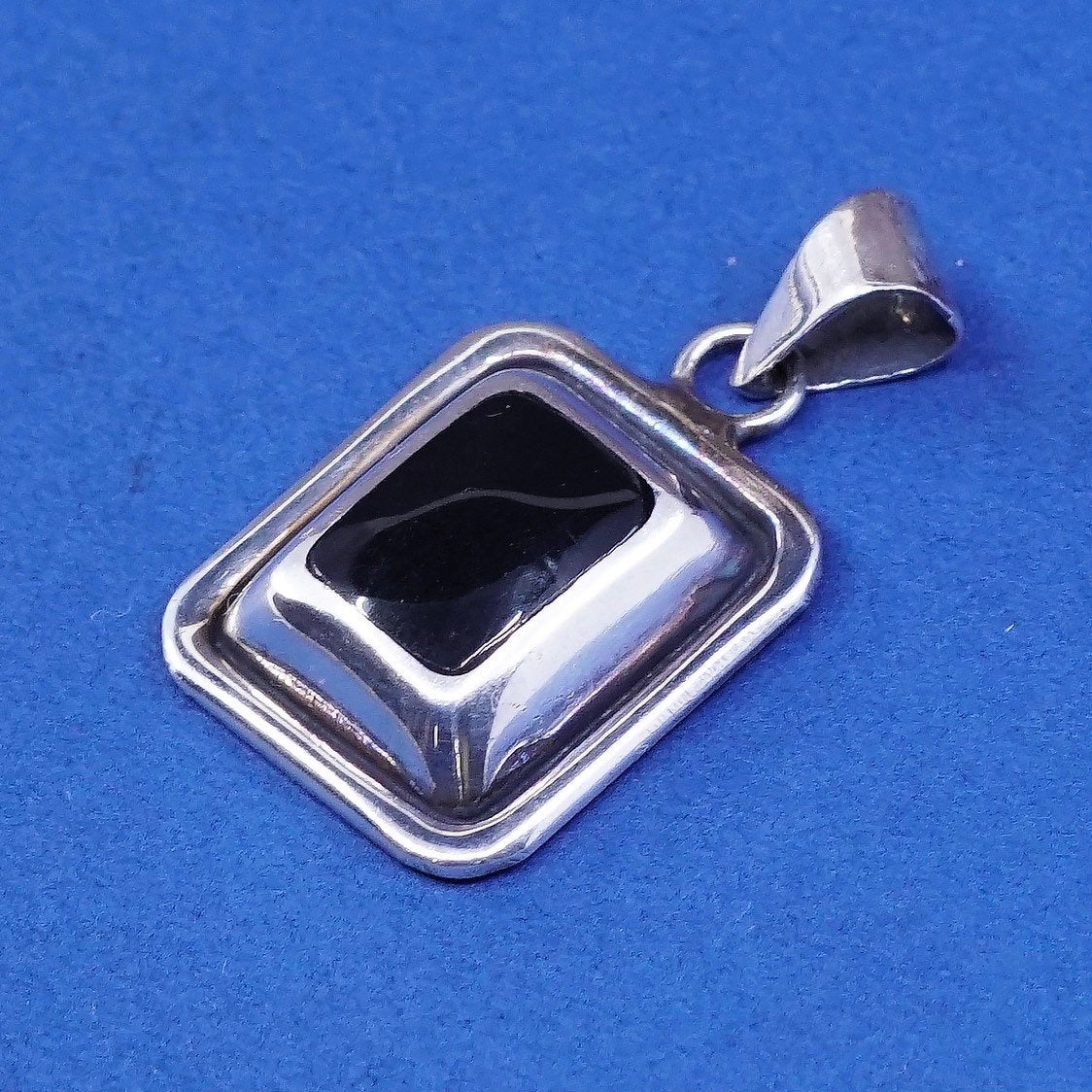 vtg Sterling silver handmade pendant, mexico 925 cable w/ square obsidian