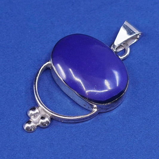 vtg sterling silver handmade pendant, 925 w/ blue onyx, stamped sterling