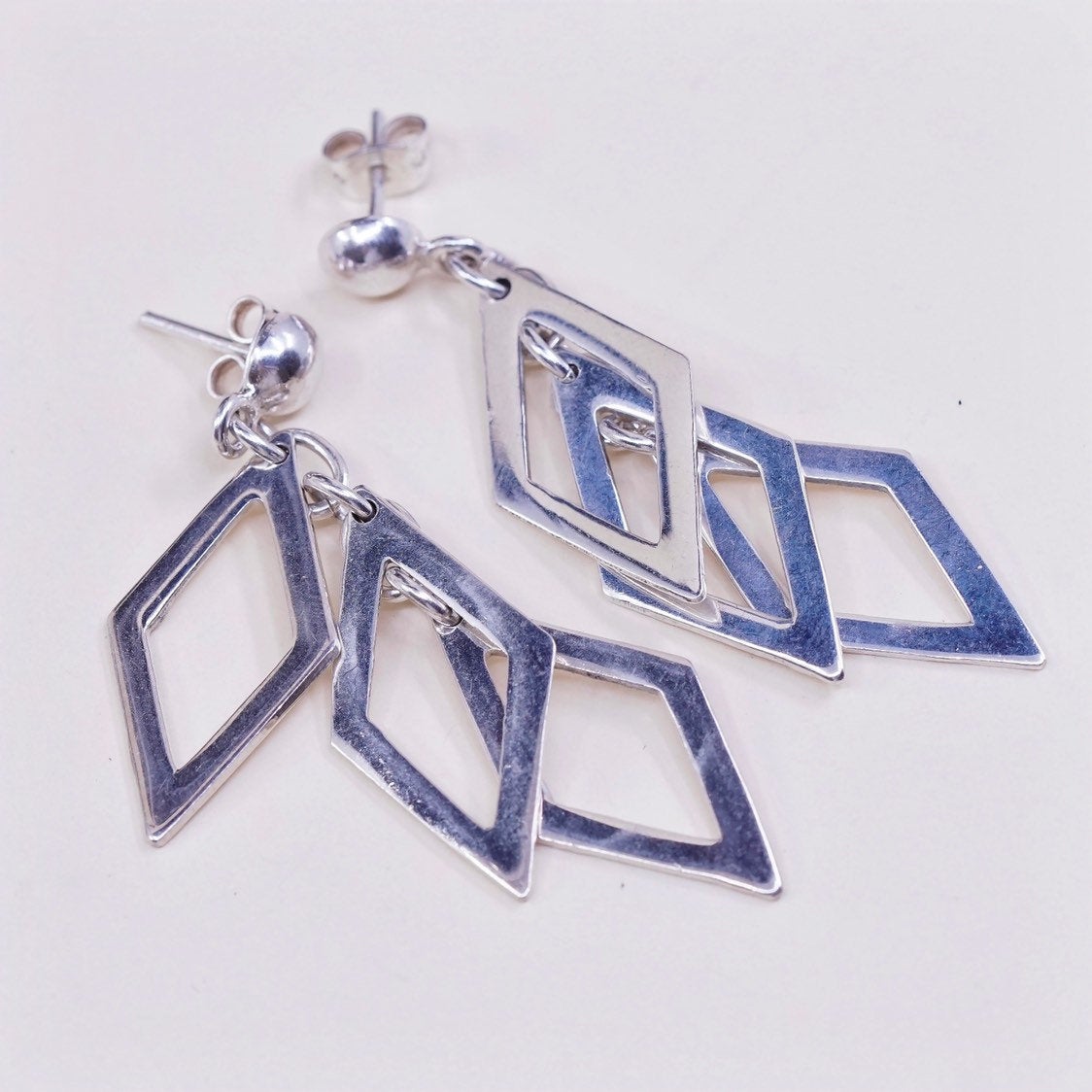 vtg Sterling silver handmade earrings, 925 modern marquise shaped dangles