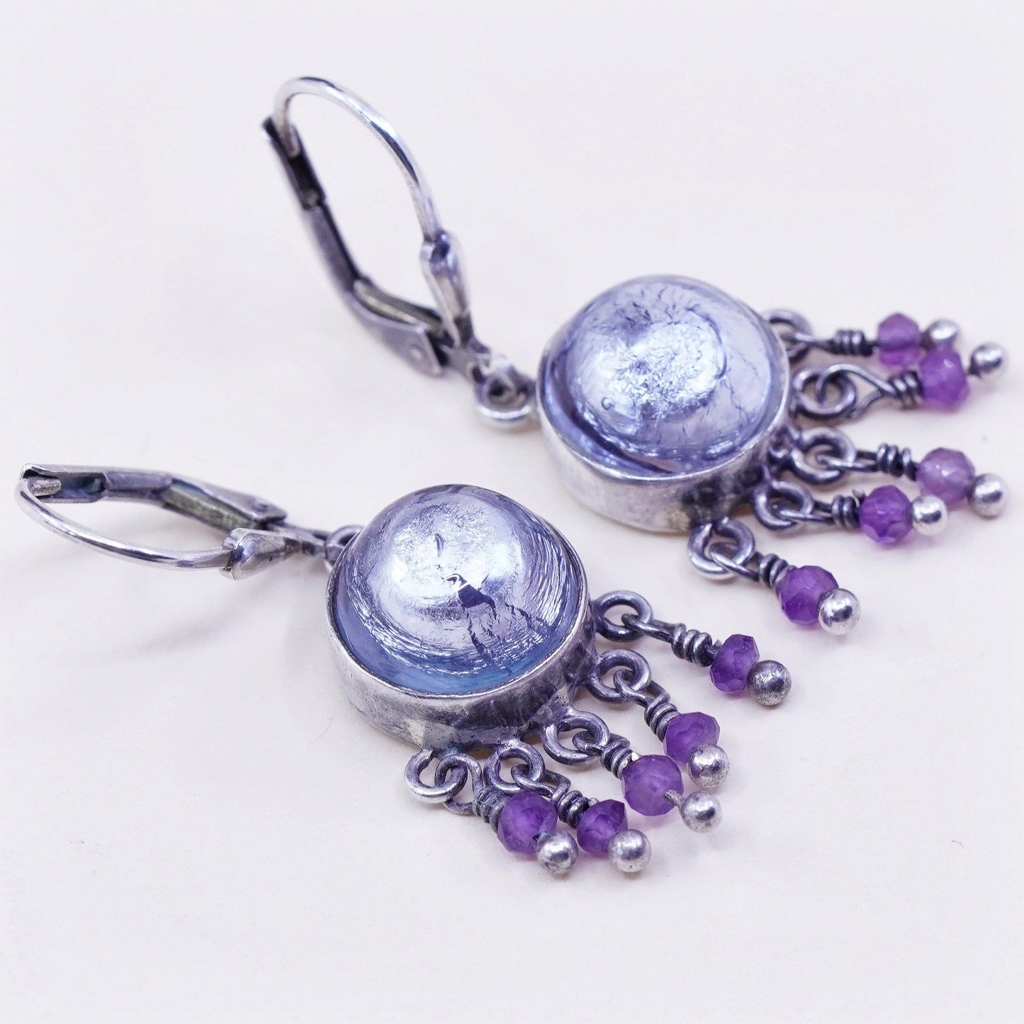 Sterling silver handmade earrings, 925 hooks with artisan glass and amethyst