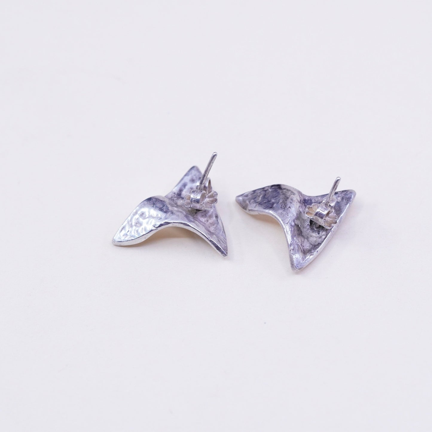 Vintage Sterling silver handmade earrings, 925 Ribbed origami studs