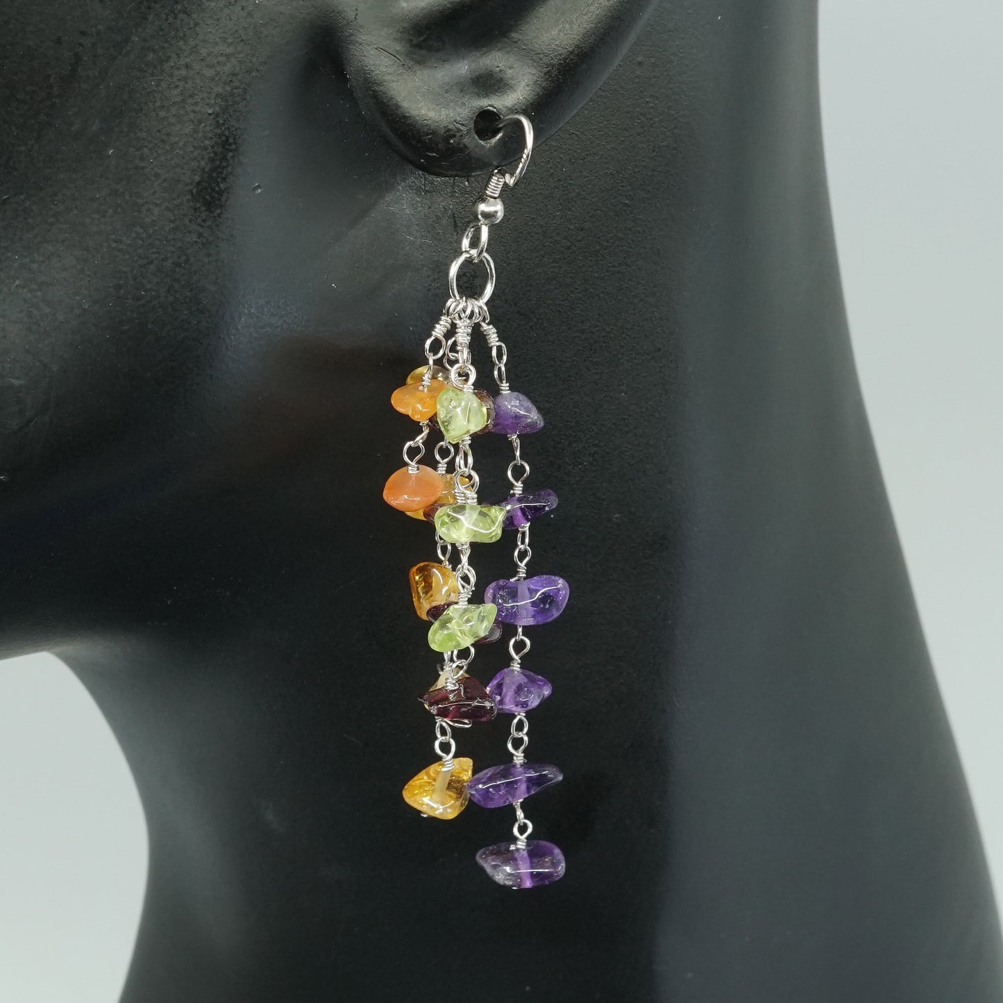 vtg Sterling silver handmade cluster earrings, 925 w/ amethyst peridot Citrine