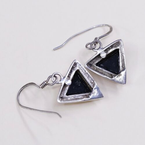 Amazing handmade Sterling Silver earrings, 925 Traigular Obsidian Dangles