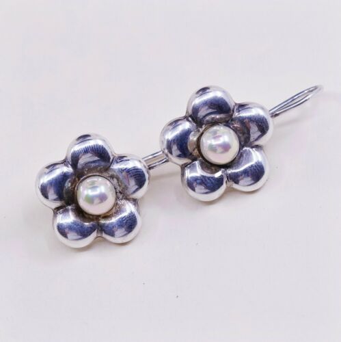 Vtg Sterling Silver Handmade Earrings W/ Flower N Pearl, Stamped 925 Italy