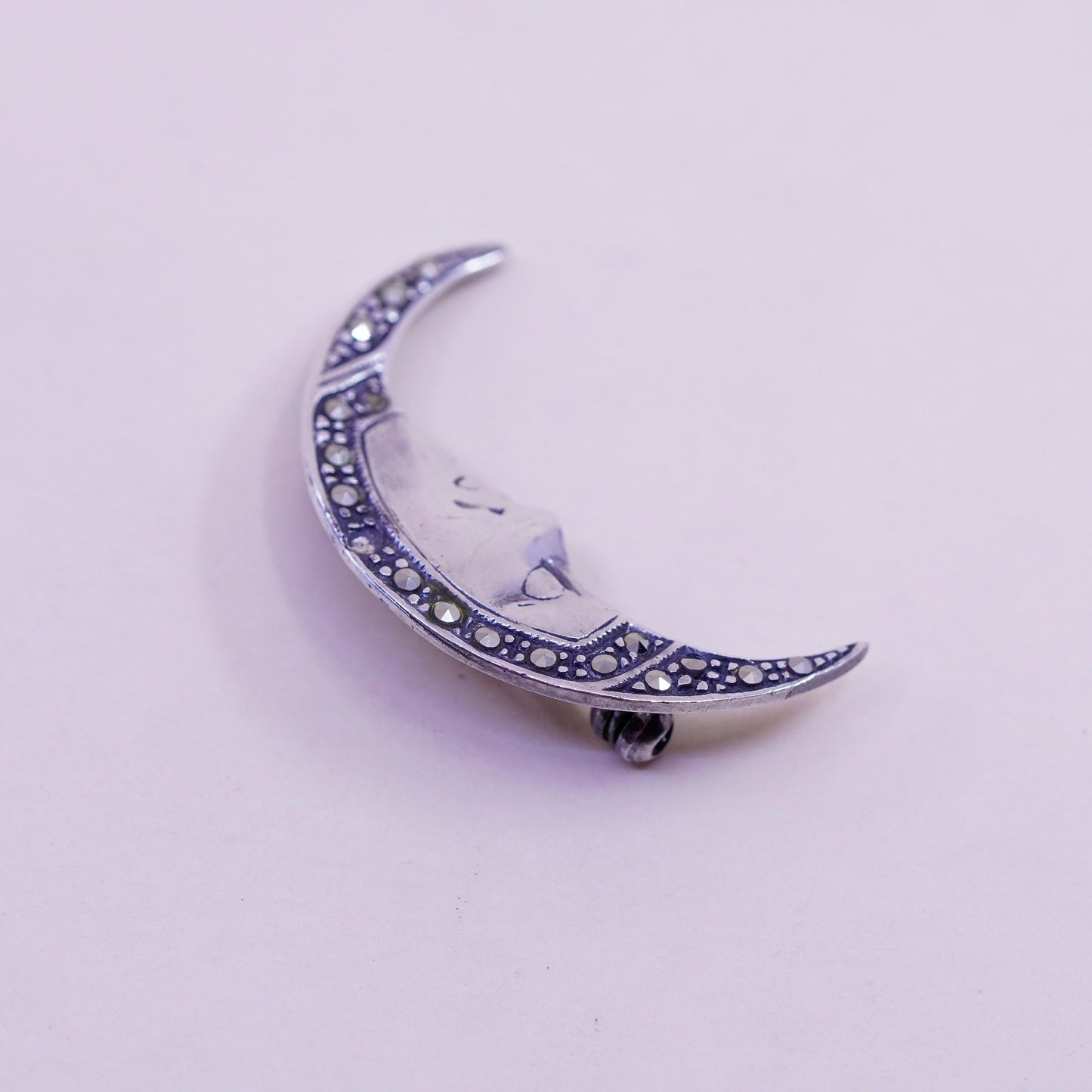 Vintage sterling silver handmade brooch, 925 moon with marcasite