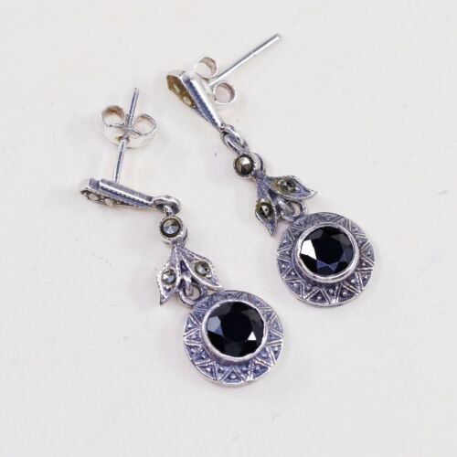 Vtg Sterling silver earrings w/ Obsidian Drop N Marcasite Details, 925