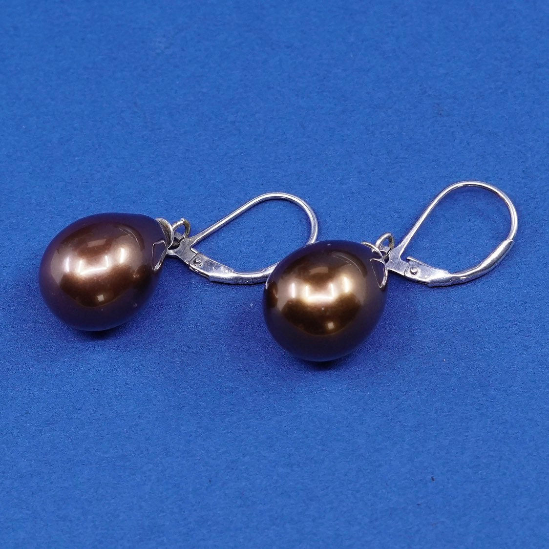 vtg Sterling silver handmade earrings, 925 hooks w/ brown pearl drops